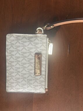 Michael Kors Metallic Silver & Tan Logo Wristlet